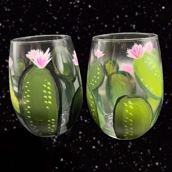 Vintage Libbey Glassware Painted Tumbler Glasses Cactus w Flowers Hand Painted 2 - Picture 2 of 9